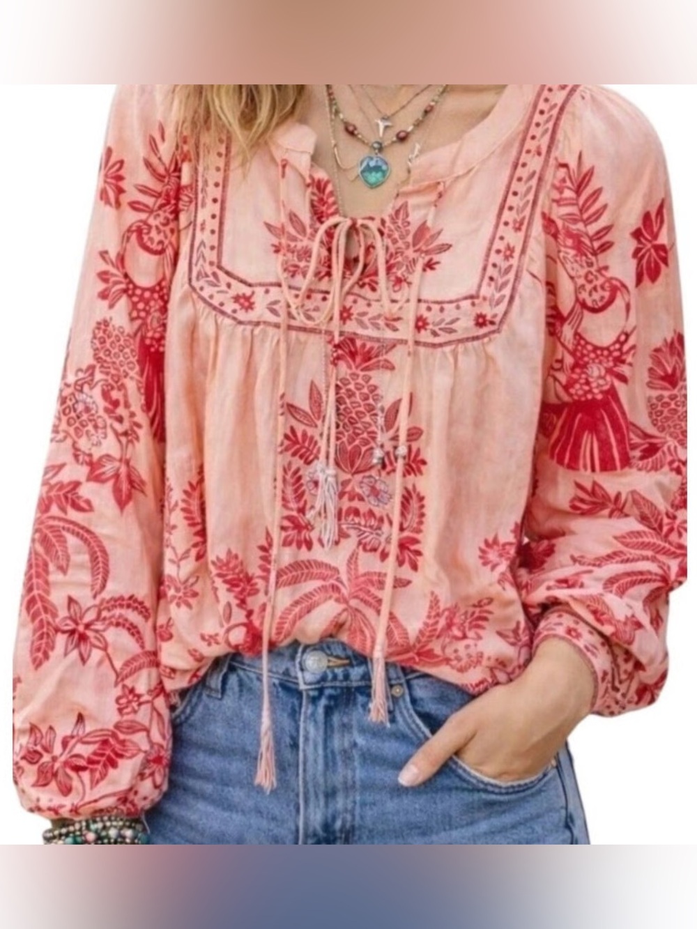 Calypso St. Barth Tropical Peasant Top Blouse Pink L Beaded Tassels (Farm Rio)